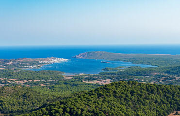 Aerial view on Menorca north coast and Fornells from summit of Monte Toro - Es Mercadal, Menorca, Balearic Islands, Spain
