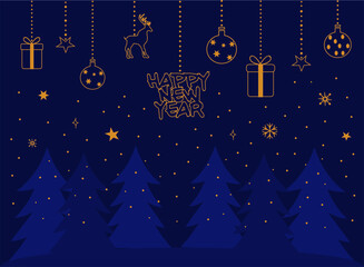 Happy New Year banner with golden decor an fir trees. Christmas shiny night postcard. Vector illustration. 