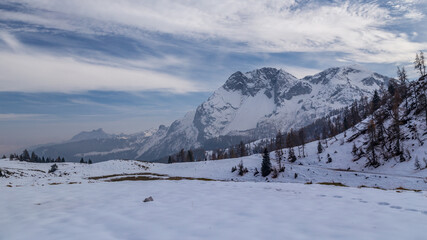 Trekking day in a snowy autumn in the Dolomiti Friulane, Friuli-Venezia Giulia