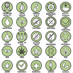 Set Icons illustrations. CBD oil, pure, natural, vegan, ecology, biology, science sign logo design. Clean safe zone product stamp