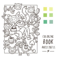 Coloring book antistress with funny cute cartoon creatures. Doodle print with monster and trolls. Line art poster.