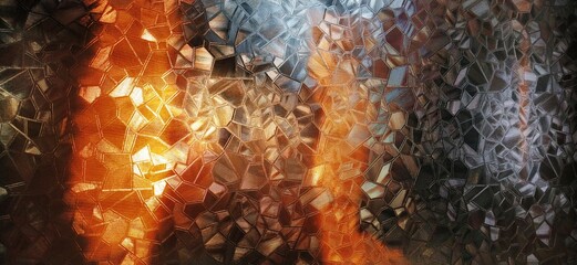Corrugated glass with backlight. Beautiful light refraction in red, brown, yellow, orange and black...