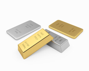 Various gold and silver bars on white. 3d illustration