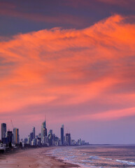 Fototapeta na wymiar Colourful sunset sky, view from Miami hill lookout with Surfers Paradise Gold Coast cityscape in the horizon