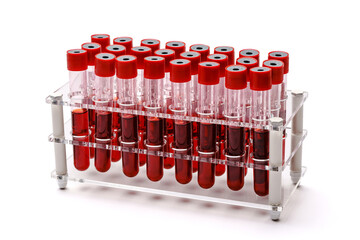 A rack of vacuum venipuncture test tubes filled with blood samples Isolated on a while background