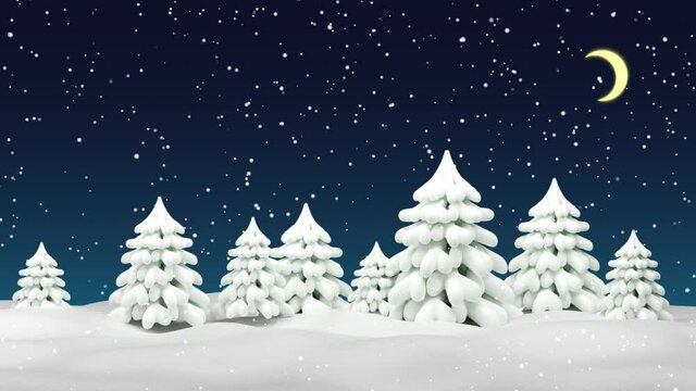 Winter forest. Christmas night snowfall background. Snow-covered trees in snowdrifts. 3d looped animation.