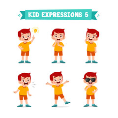 cute little kid boy in various expressions and gesture set