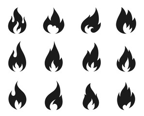 Fire flame icon black set, explosion symbol