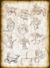 Fototapeta na wymiar zodiac signs symbols over old parchment paper like astrology background