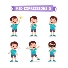 cute little kid boy in various expressions and gesture set