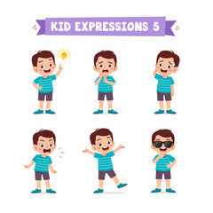 cute little kid boy in various expressions and gesture set