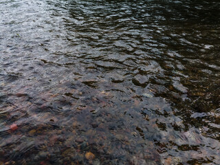 Wavy ripple surface of water on shallow rapid stream with colorful gravel at bottom, landscape with abstract texture running water in creek