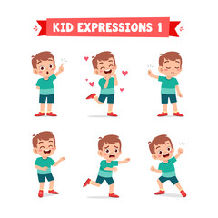 cute little kid boy in various expressions and gesture set