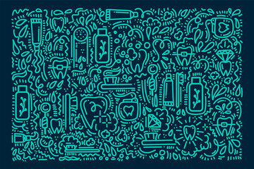 Background tools for brushing teeth. Beautiful Doodle poster Toothbrush, toothpaste and dental floss, teeth. Hand-drawn Doodle pattern in morning hygiene, the concept of care for the oral cavity
