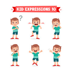 cute little kid boy in various expressions and gesture set