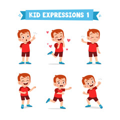 cute little kid boy in various expressions and gesture set