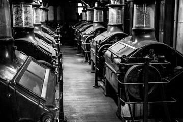 Inside Shackleton mill Lucan, Ireland, Europe. Vintage style milling machine. Water Mill. Black White
