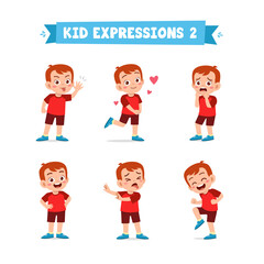 cute little kid boy in various expressions and gesture set