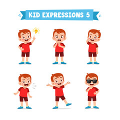 cute little kid boy in various expressions and gesture set