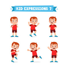 cute little kid boy in various expressions and gesture set