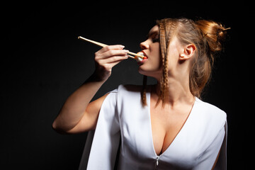 japanese food sushi, girl hands and sushi
