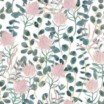 Watercolor painting seamless pattern with eucaliptus and serruria florida flowers. Wedding background