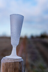 Frozen champagne glass left behind on a fence post after a party on new-year morning. Party leftover garbage in an icy wintery rural landscape after celebrating the new year. Eye-level view.