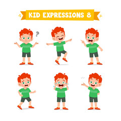 cute little kid boy in various expressions and gesture set