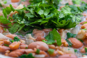 Lobio is a Georgian dish and parsley in a plate