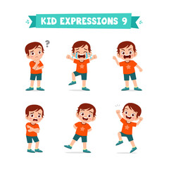 cute little kid boy in various expressions and gesture set