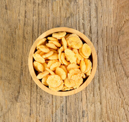 top view cup muesli on wood table