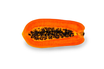 half of ripe papaya fruit with seeds isolated on white background.
