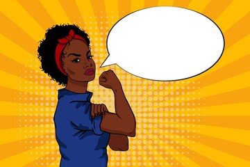Vector illustration in We Can Do It  style. Beautiful and strong african woman as symbol of female power and fight against racism at yellow background with speech bubble. Feminist poster.