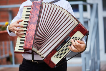 Musical instrument accordion in the hands of a male.