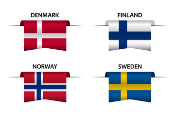 Set of four Danish, Finnish, Norwegian and Swedish ribbons. Made in Denmark, Made in Finland, Made in Norway and Made in Sweden stickers and labels. Vector simple icons with flags