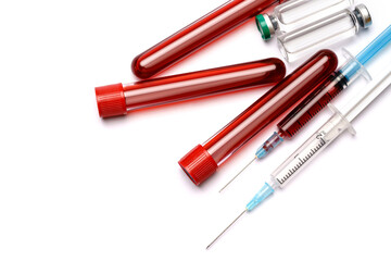 medical ampoule vials, test tubes with blood samples and syringe on light background