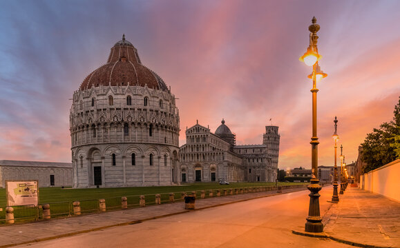 Landscape With Cathedral And The Leaning Tower Of Pisa At Sunset, Tuscany, Italy