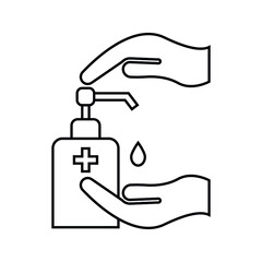 Washing hand with sanitizer liquid soap vector line icon on white background