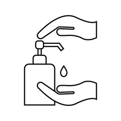 Washing hand with sanitizer liquid soap vector line icon on white background