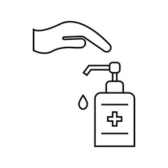 Washing hand with sanitizer liquid soap vector line icon on white background