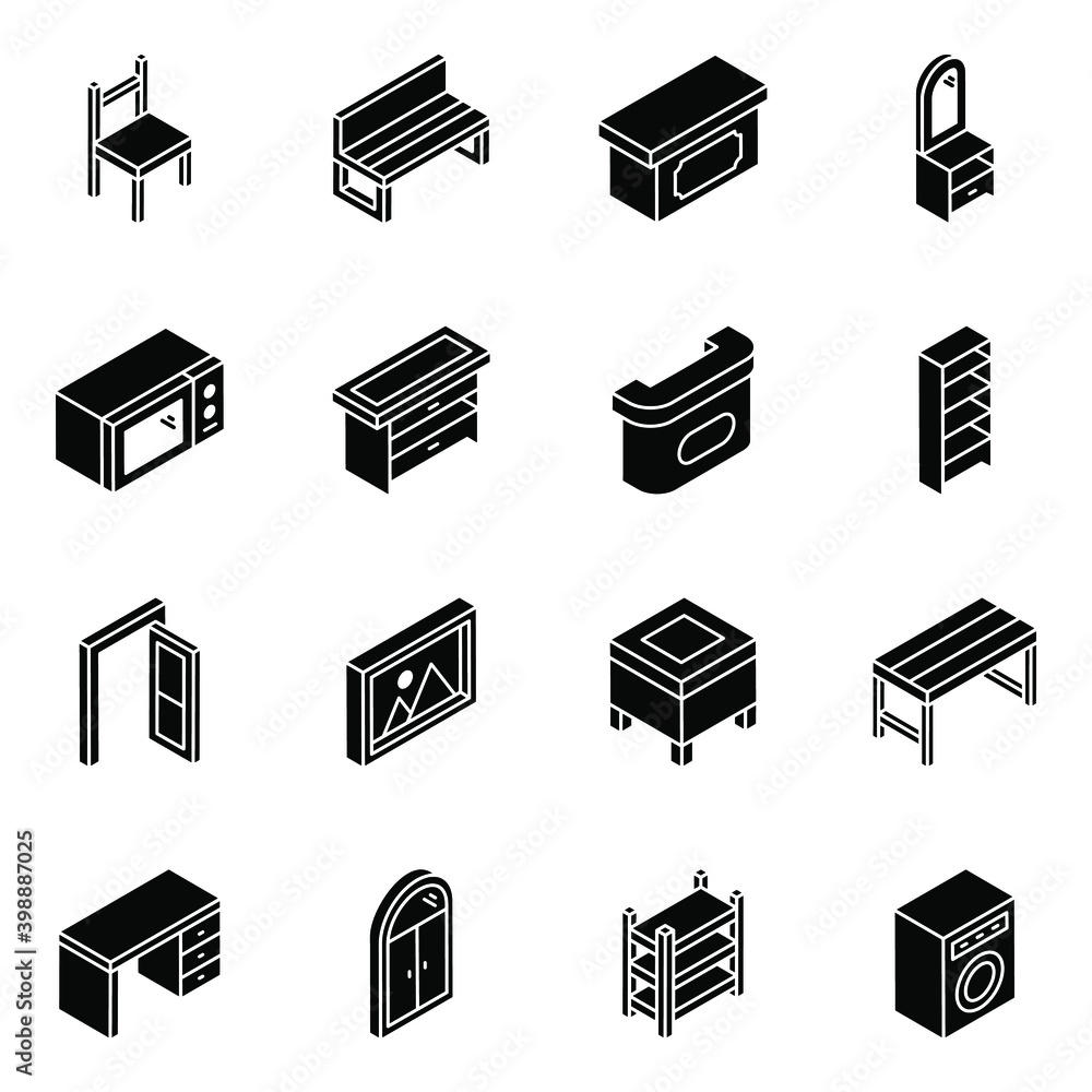 Poster pack of interior glyph isometric icons