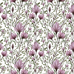 Seamless pattern with purple flowers and small leaves. Wattle plant. Design for backgrounds, wallpapers, covers and packaging.