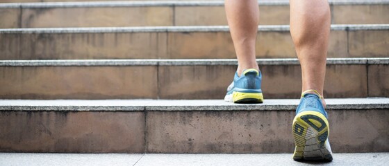 Close up portrait of an athletic running on staircase steps jogging to build muscle endurance.fitness and healthy lifestyle concept © Tum