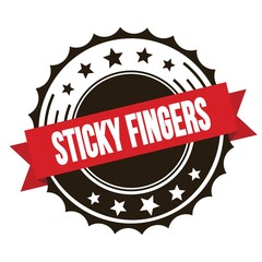 STICKY FINGERS text on red brown ribbon stamp.