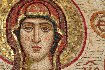 The face of the Virgin, mosaic on the church fence, Moscow region