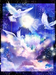 Flying three doves around colorful castle in the blue clouds 