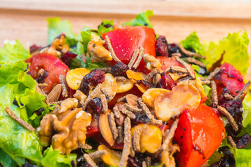 Delicious fresh healthy delicious mixed salad for lunch : green lettuce, tomatoes, balsamic vinegar, nuts, cranberries. Beautiful professional food photography