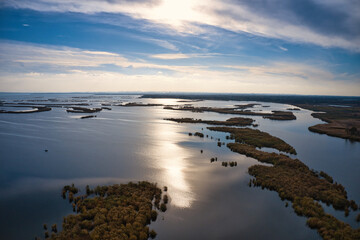 Irresistible floods on the Samara river on the dnieper in the evening light