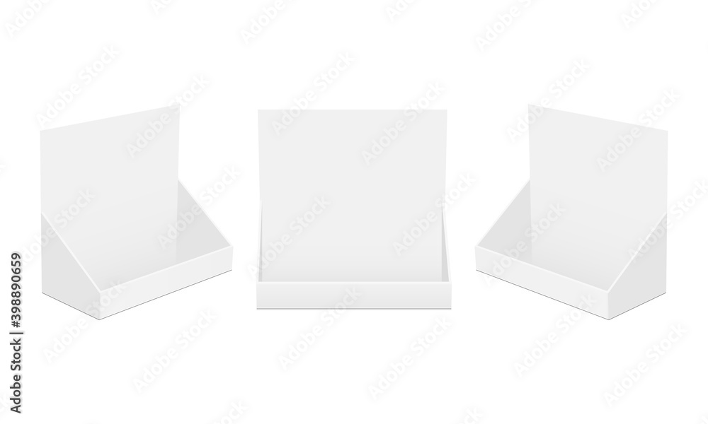 Poster set of cardboard display boxes isolated on white background, front and side views. vector illustrati