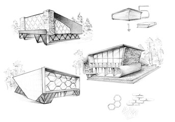 architectural sketch of modern library building design in modern style and loft pencil drawing
